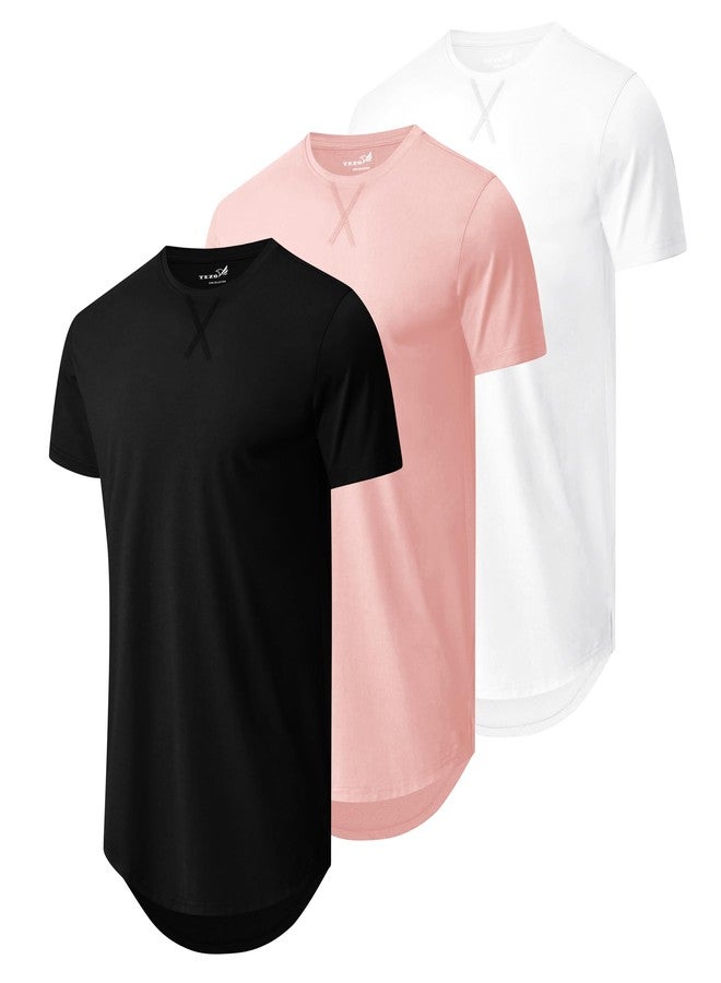 TEZO Mens 3 Pack Plain Cotton Shirts Short Sleeve Casual Crew Neck T-Shirts Hipster Hip Hop Longline Tees Shirts Drop Cut Curved Hem Shirt (BKWTPK M) - Image 1